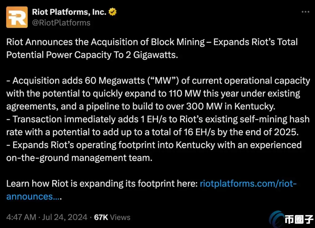 Riot Platforms九千万美元收购Block Mining！矿企概念股市值2周内暴涨