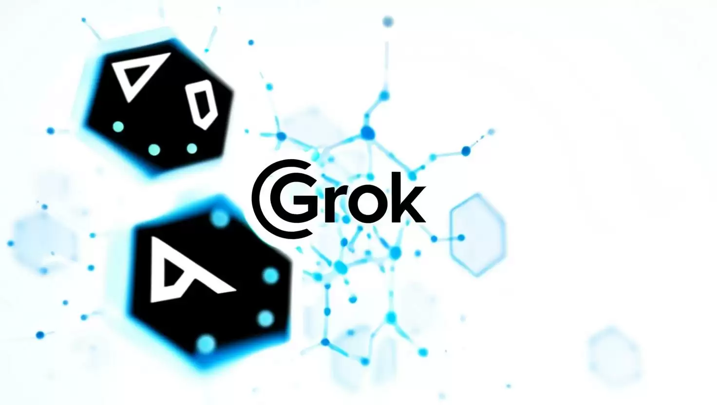 3D Gglowing neural networks and blockchain nodes， ‘Grok’ model in a light style, no more element, no word.webp