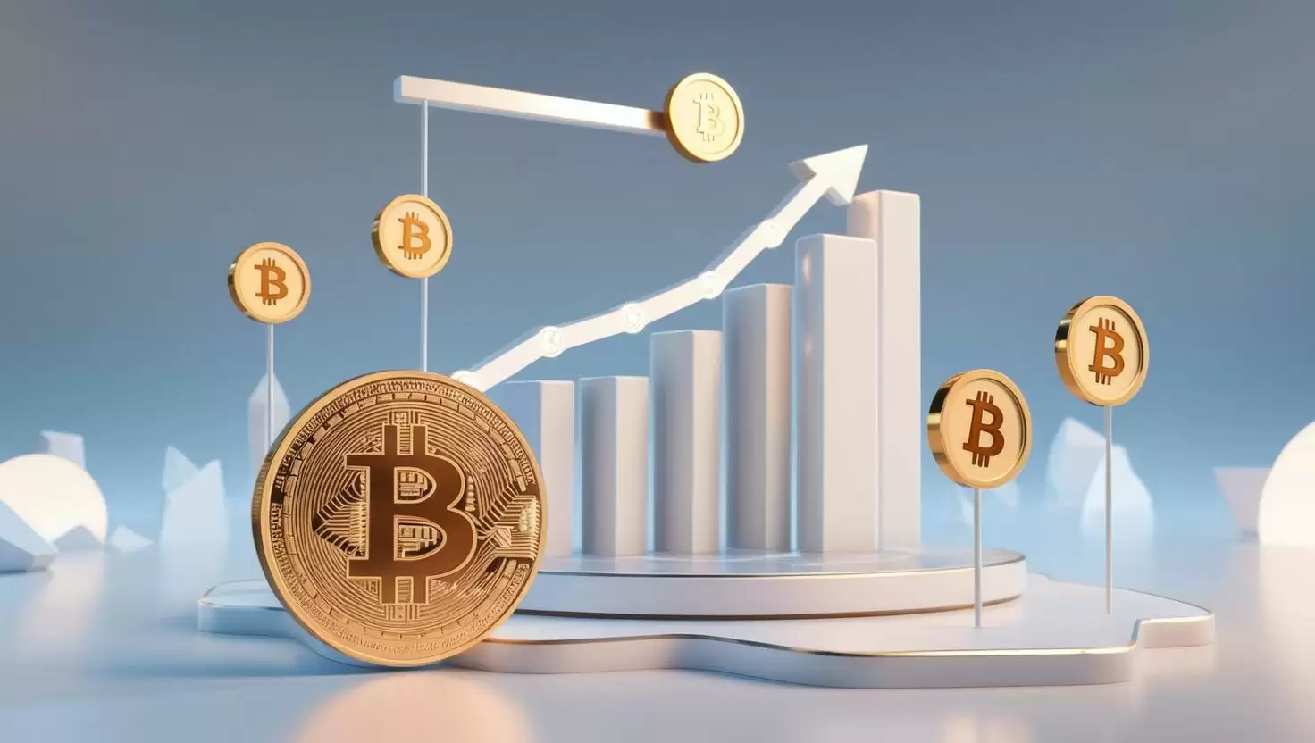 3D blockchain,meterverse,coin chart with Bitcoin coin , value icons in a light style, no more element, no word (1).webp