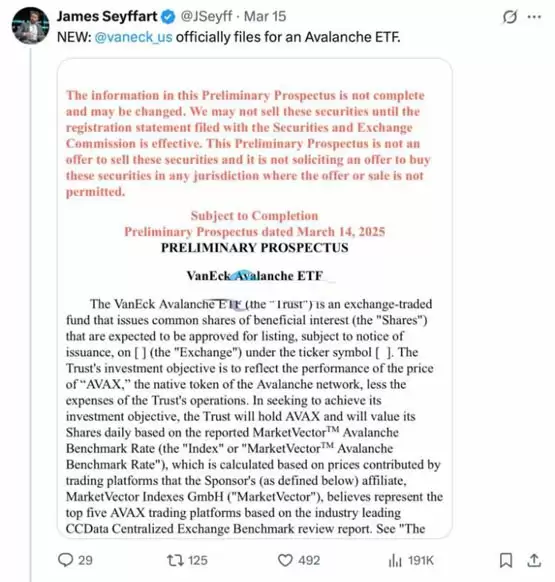 ETF发行机构VanEck向SEC提交Avalanche ETF申请书！AVAX一度冲破19美元
