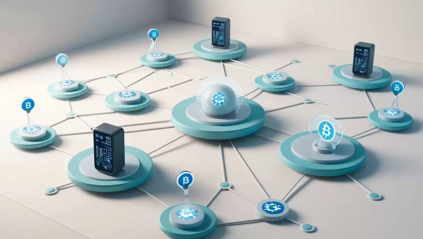 3D network with IoT devices and blockchain nodes in a light style, no more element, no word.webp