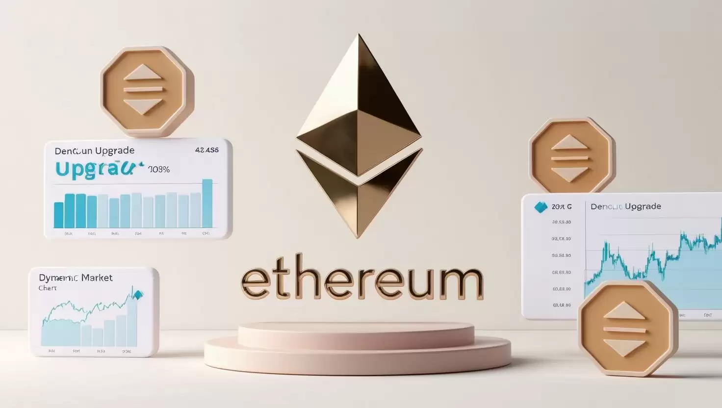 3D Ethereum logo with Dencun upgrade icons and market charts in a light style, no more element, no word.webp