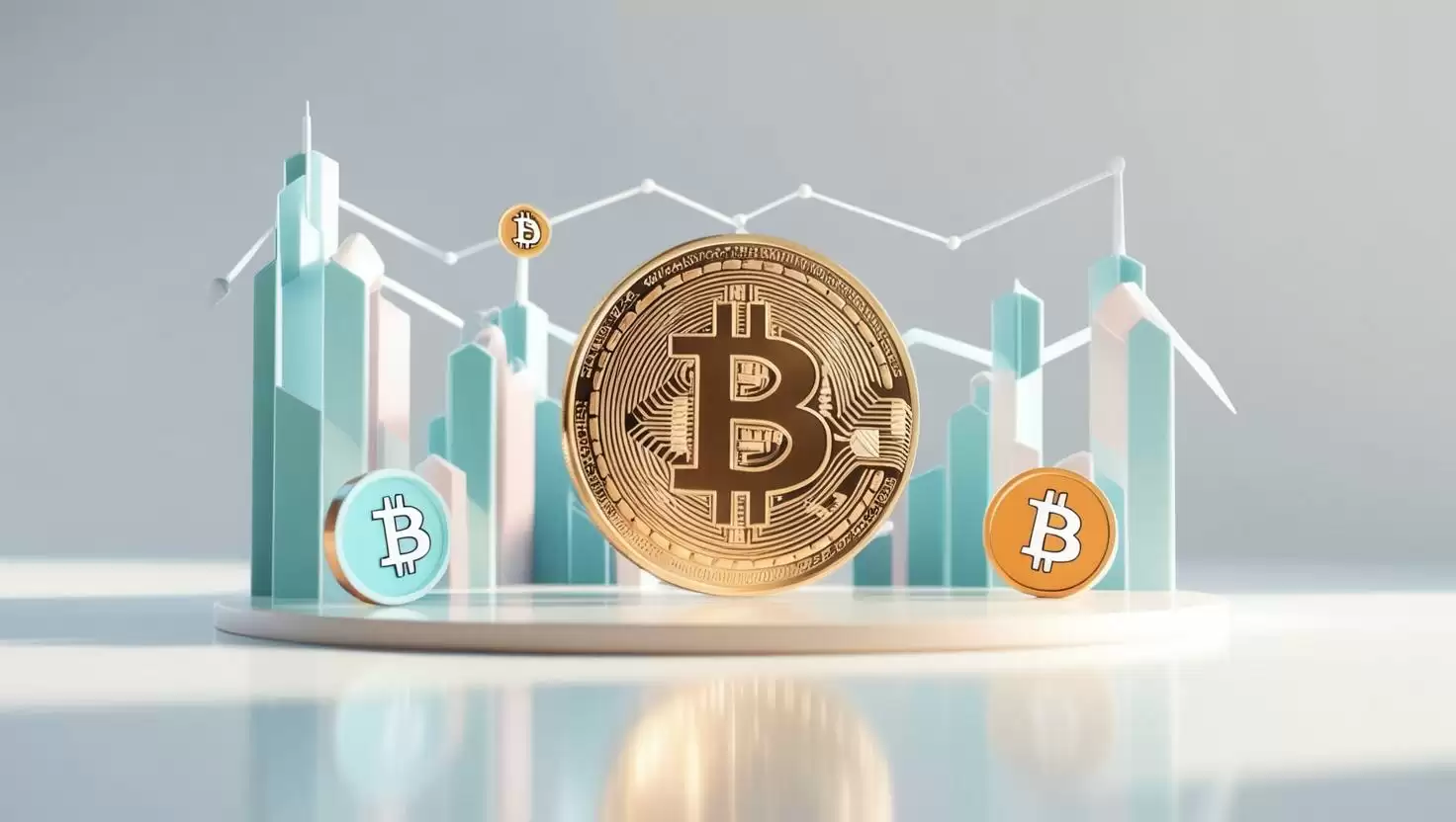 3D blockchain world，coin chart with Bitcoin coin ， value icons in a light style, no more element, no word.webp