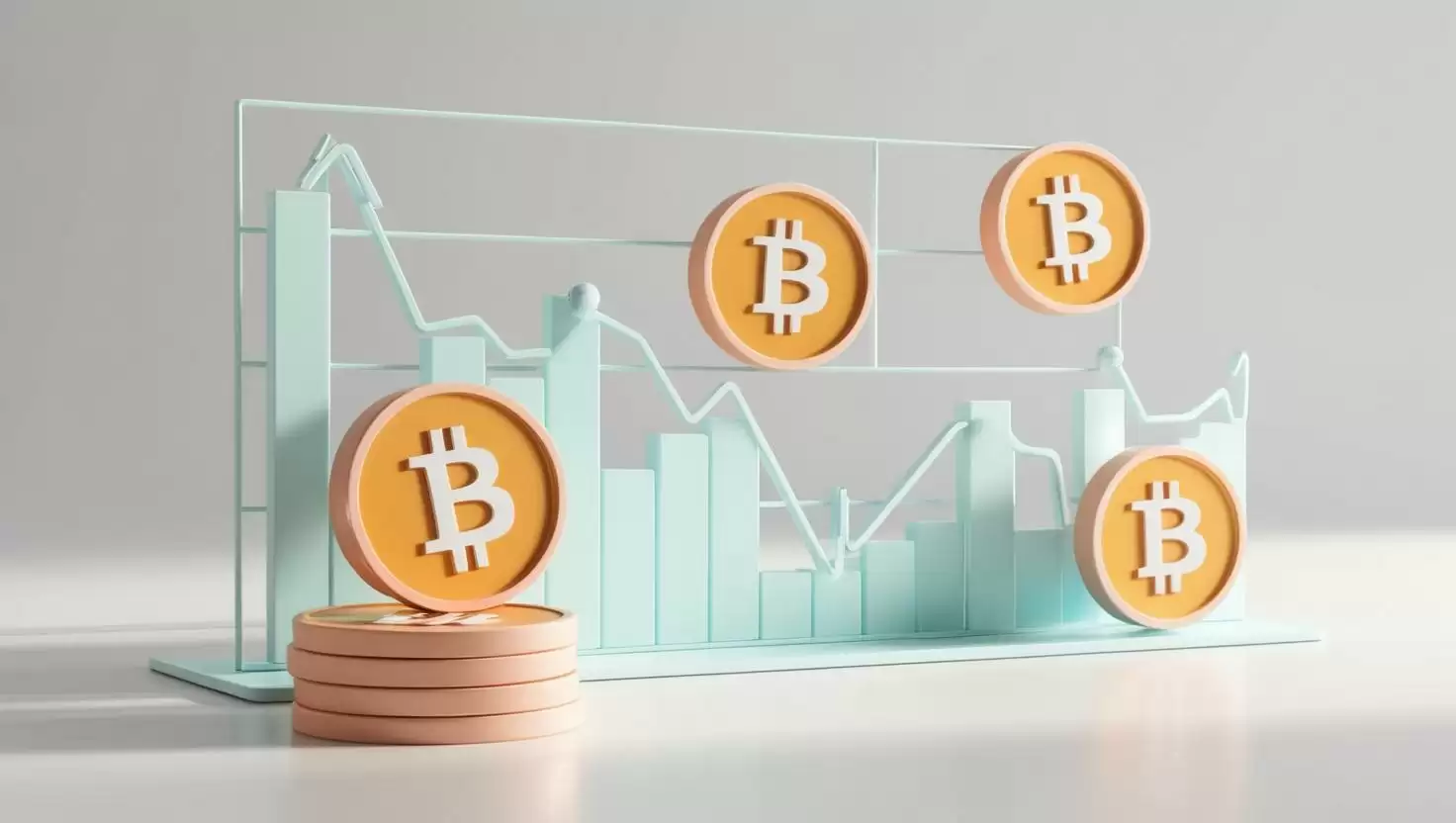 3D NFT，coin chart with Bitcoin coin ， value icons in a light style, no more element, no word (17).webp