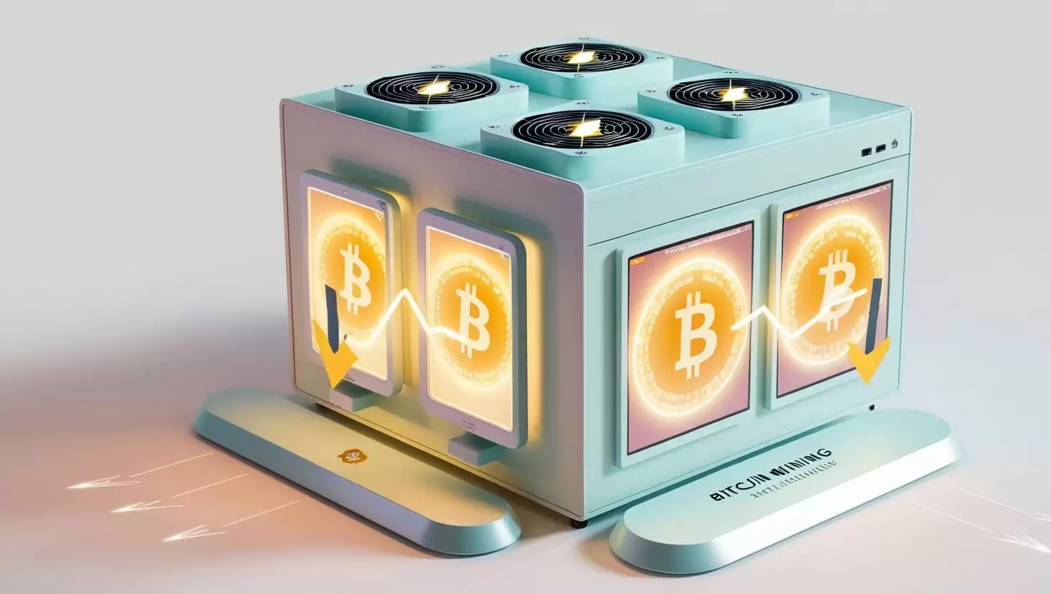 3D Bitcoin mining rig with glowing hash rate graphs and difficulty adjustment arrows in a light style, no more element, no word.webp