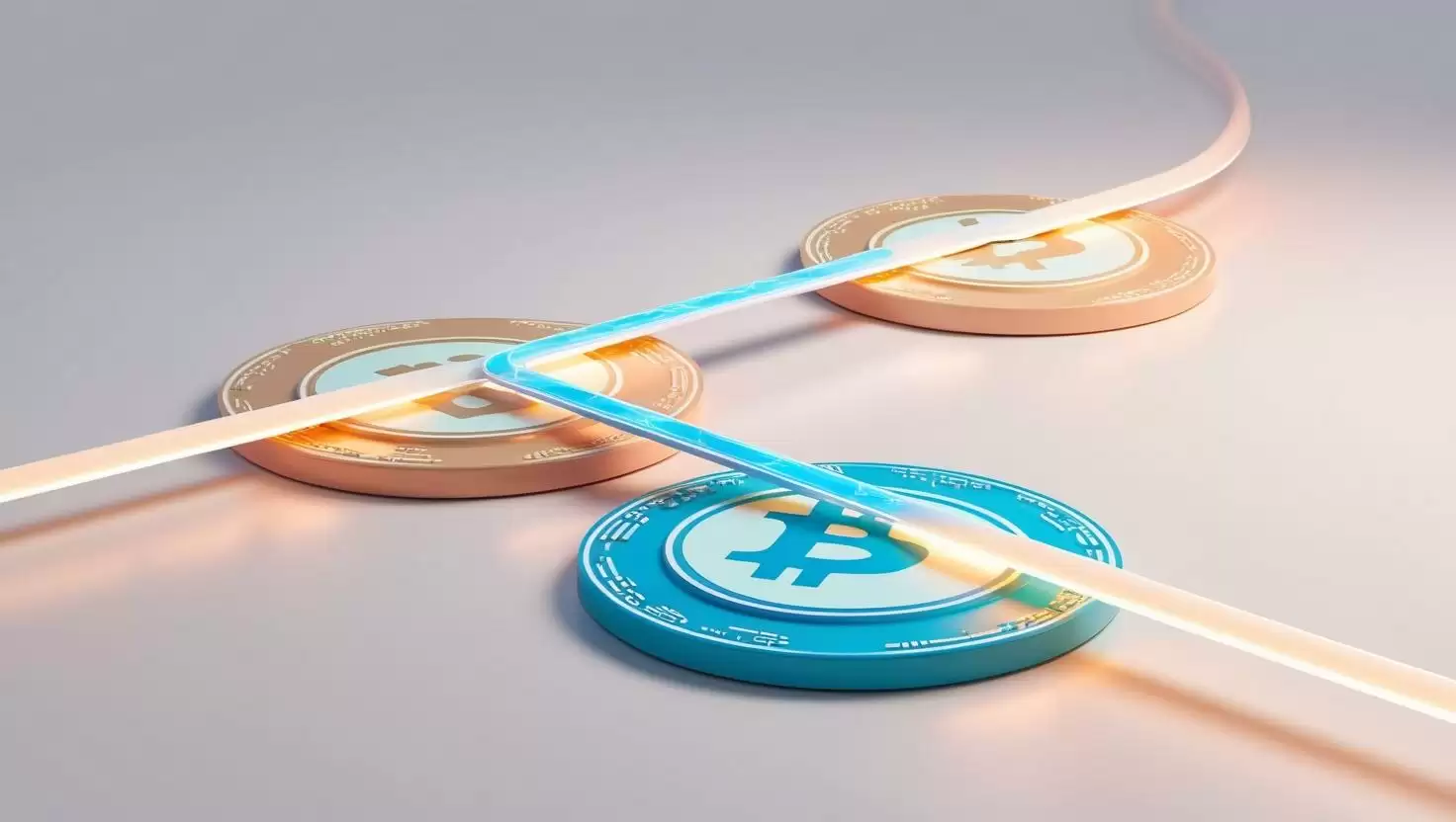 A 3D depiction of two separate blockchains connected by a glowing bridge, symbolizing the transfer of assets or data in a light style, no more element.webp