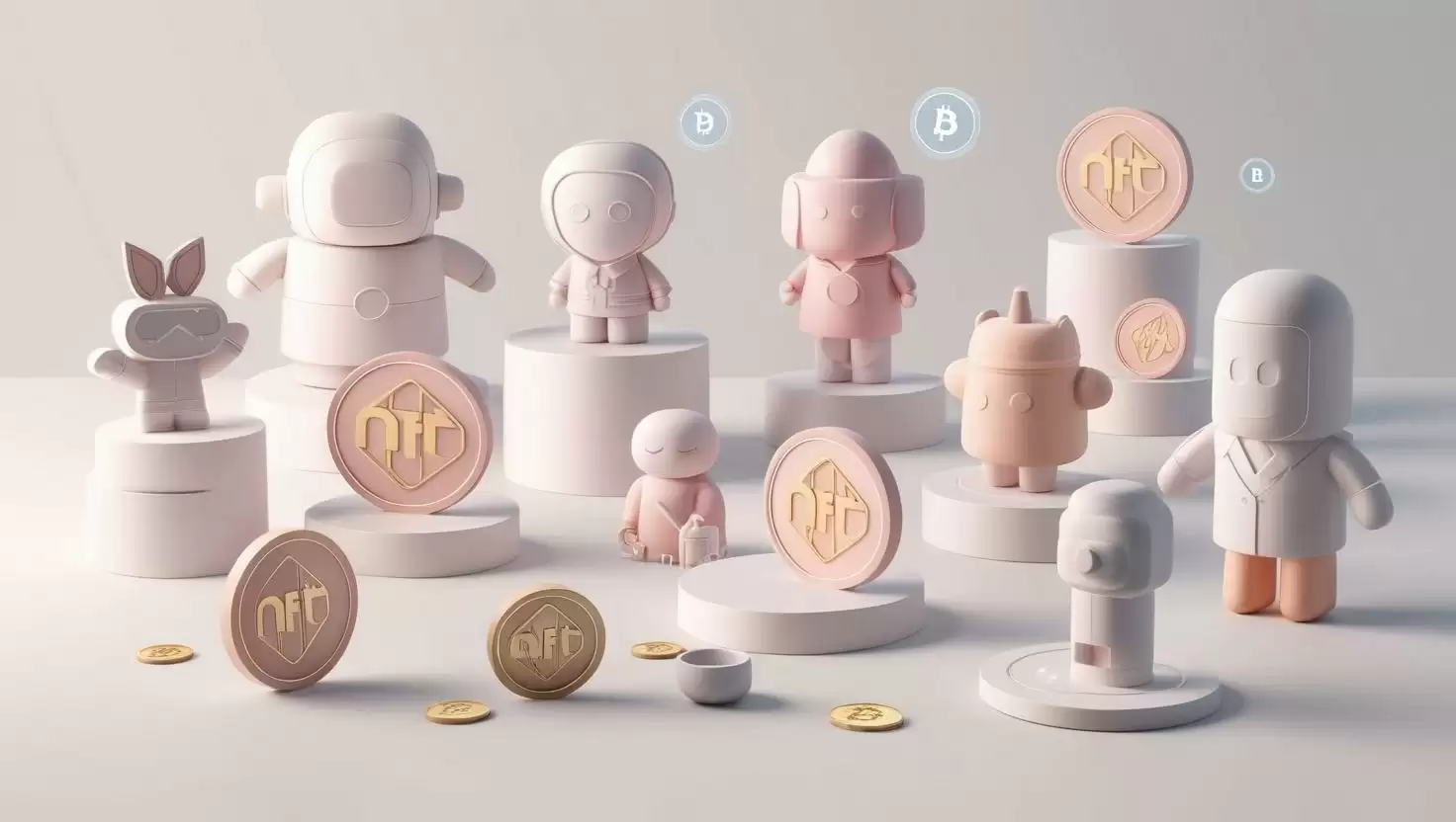 3D NFT gaming assets (characters, items) with blockchain icons in a light style, no more element, no word.webp