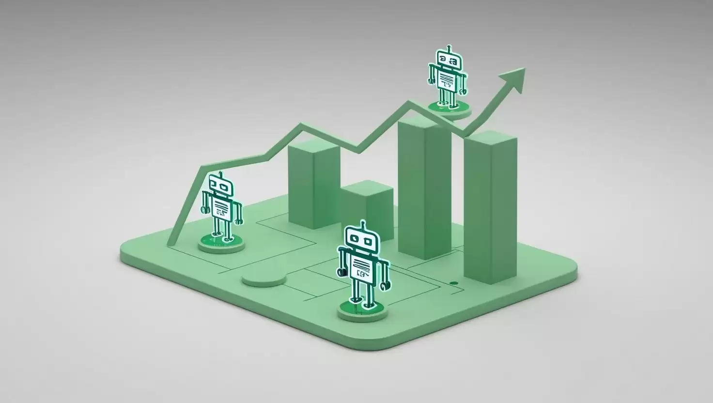 3D blockchain，coin chart ，AI robot， value icons in a light green  style, no more element, no word (1).webp