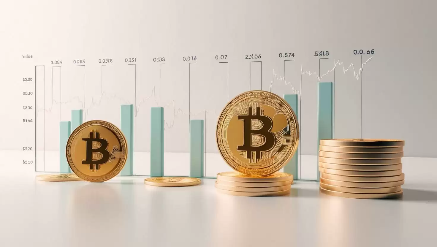 3D coin chart with bitcoin coins, value icons in a light style, no more element, no word.webp