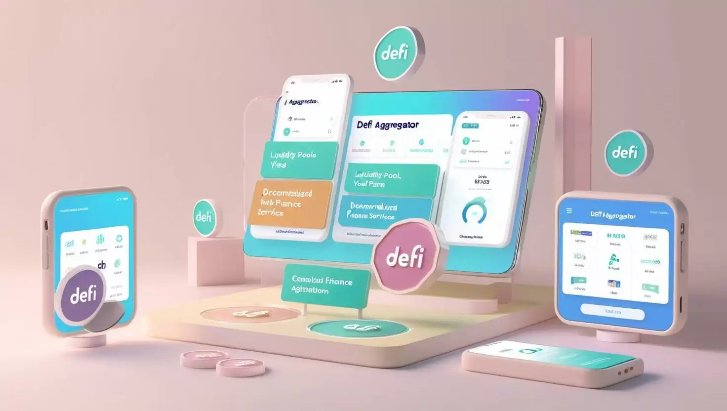 3D visual of a DeFi aggregator platform, combining different liquidity pools, yield farms, and decentralized finance services into one interfac in a light style, no more element, no text.webp
