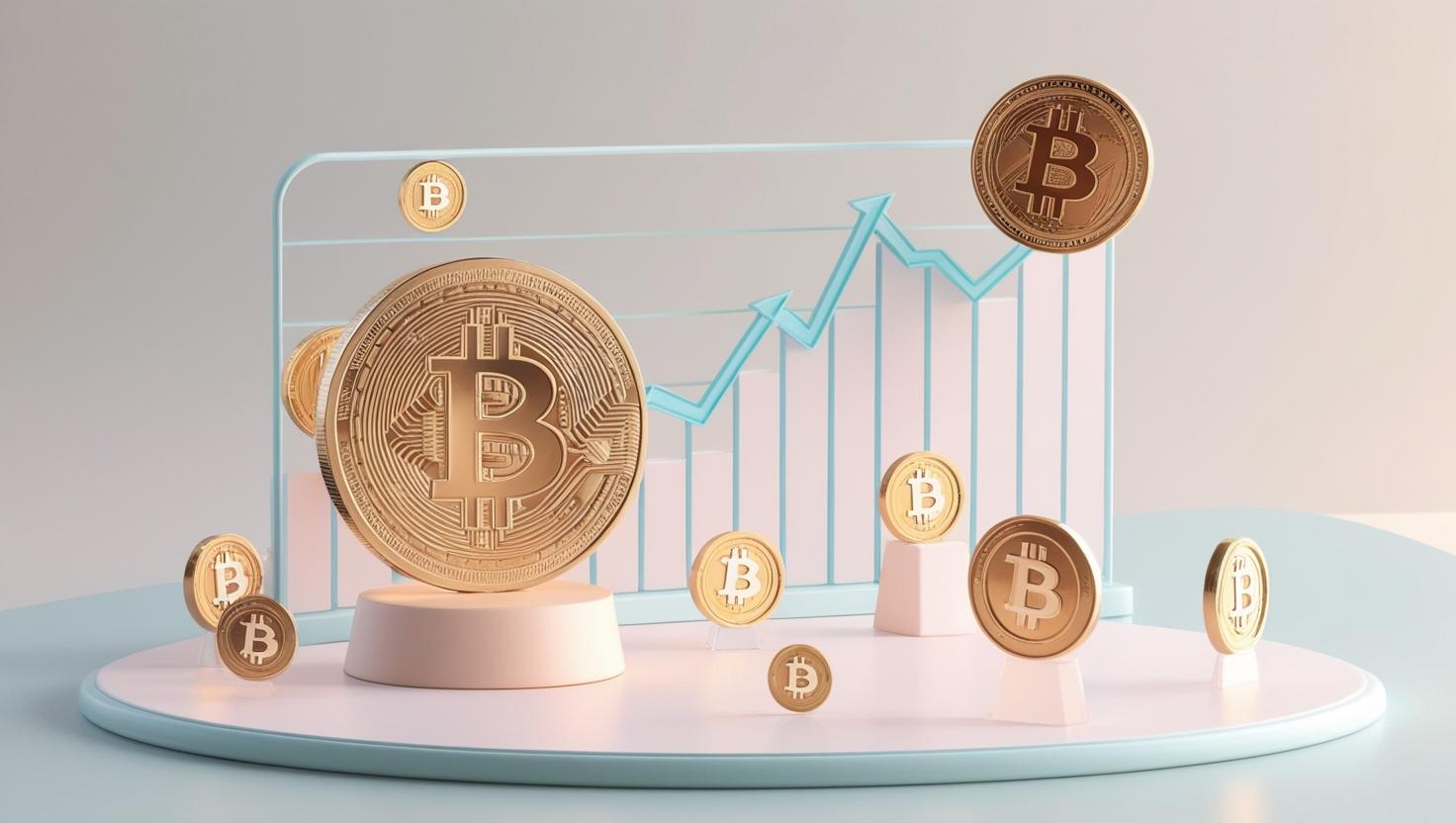3D blockchain，meterverse，coin chart with Bitcoin coin ， value icons in a light style, no more element, no word.jpg