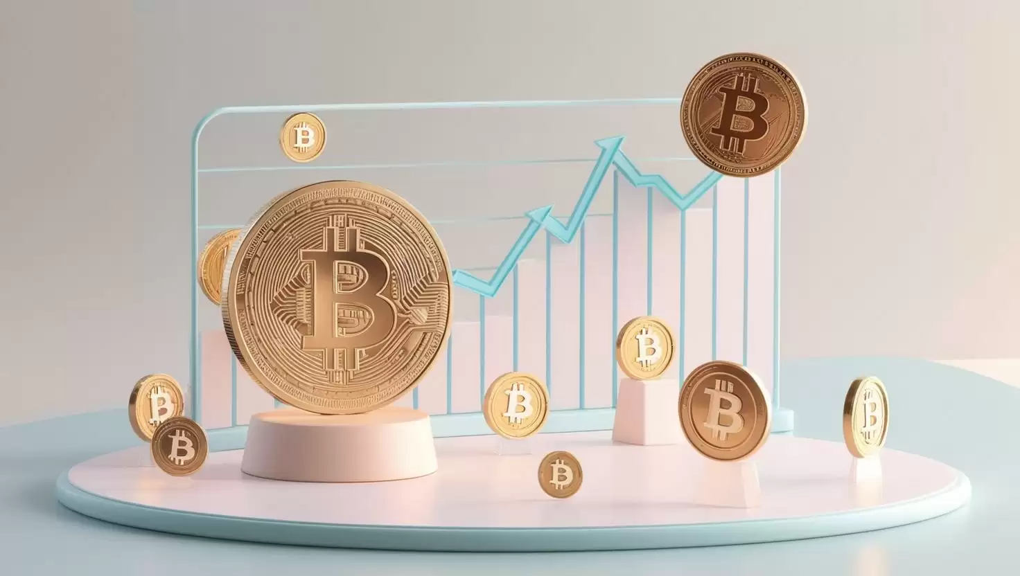 3D blockchain，meterverse，coin chart with Bitcoin coin ， value icons in a light style, no more element, no word.webp