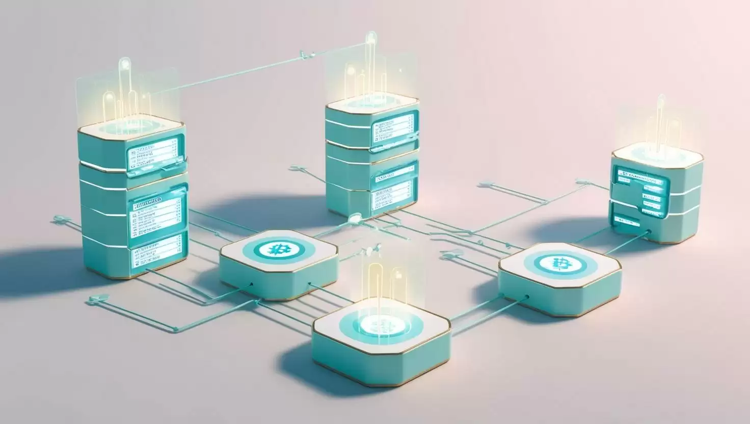 3D modular blockchain with interconnected layers and data flow in a light style, no more element, no word (2).webp