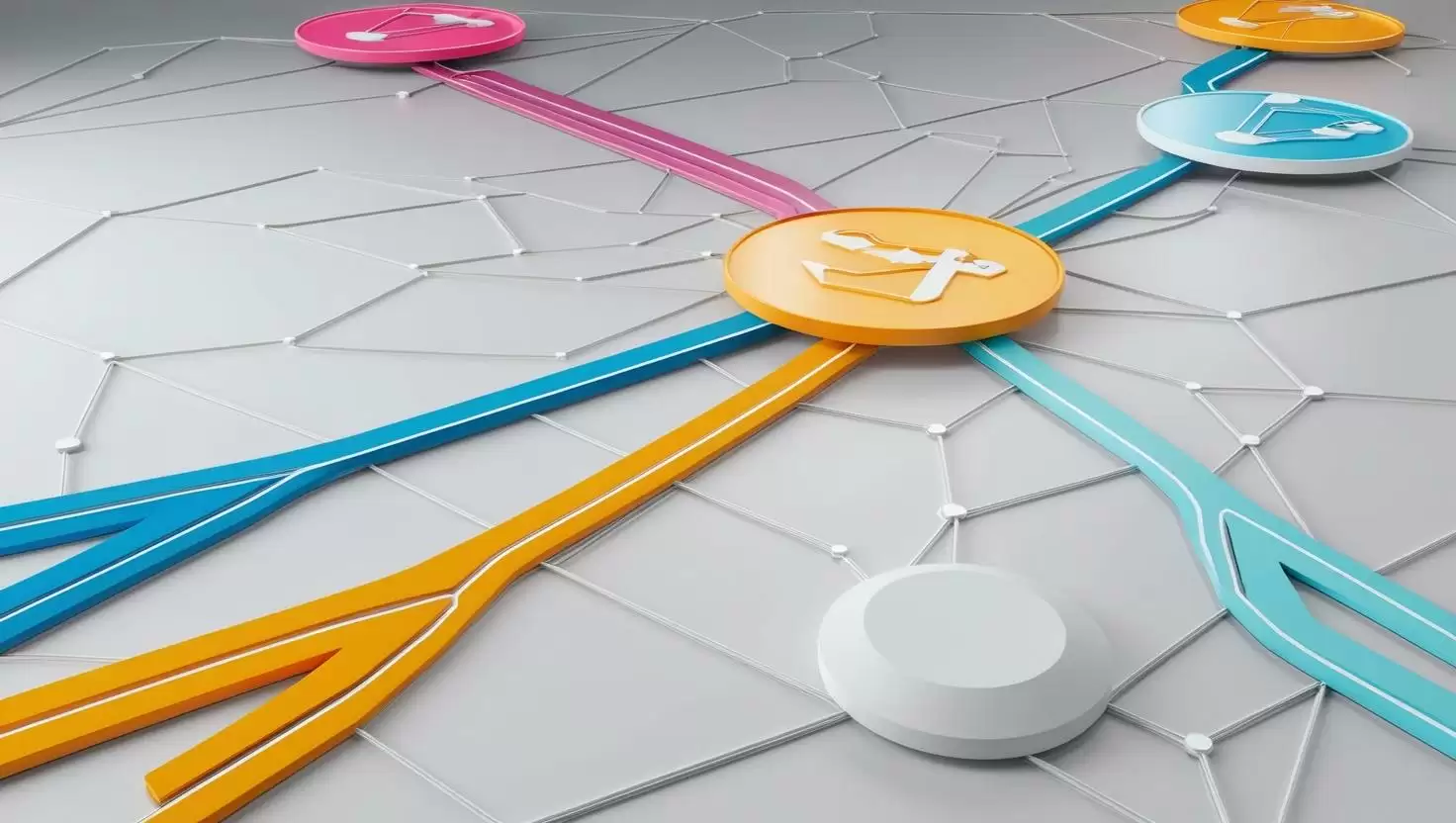 A futuristic 3D representation of a blockchain network, with nodes showing two paths_ a bold, new path for Hard Forks and a refined adjustment for Soft Forks in  a light style, no more element， 3D style.webp