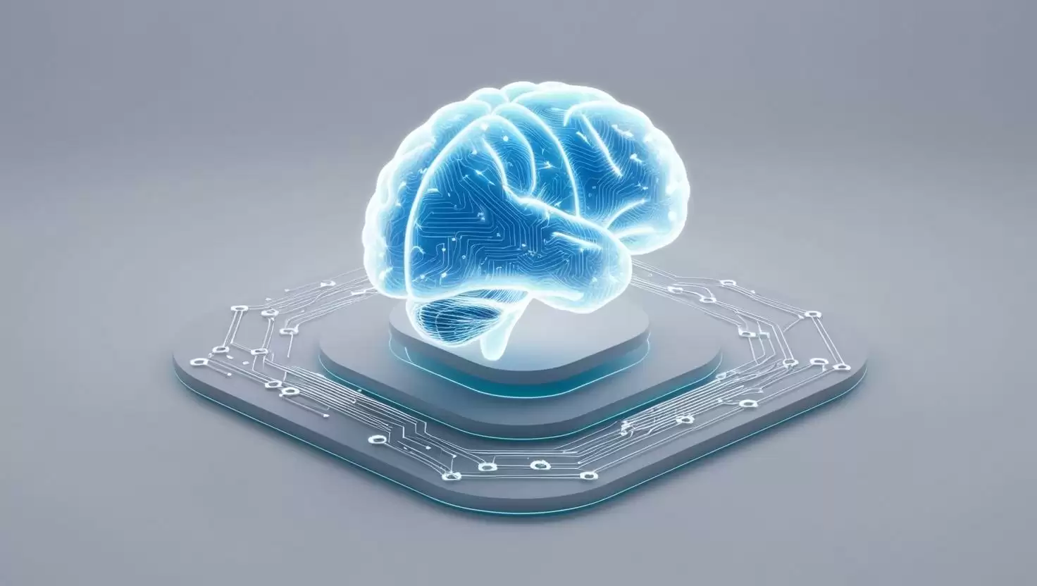 3D Glowing AI brain integrated with blockchain network in a light style, no more element, no word.webp