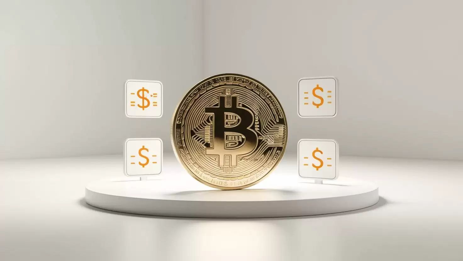 3D NFT，Bitcoin coin ， value icons in a light style, no more element, no word.webp