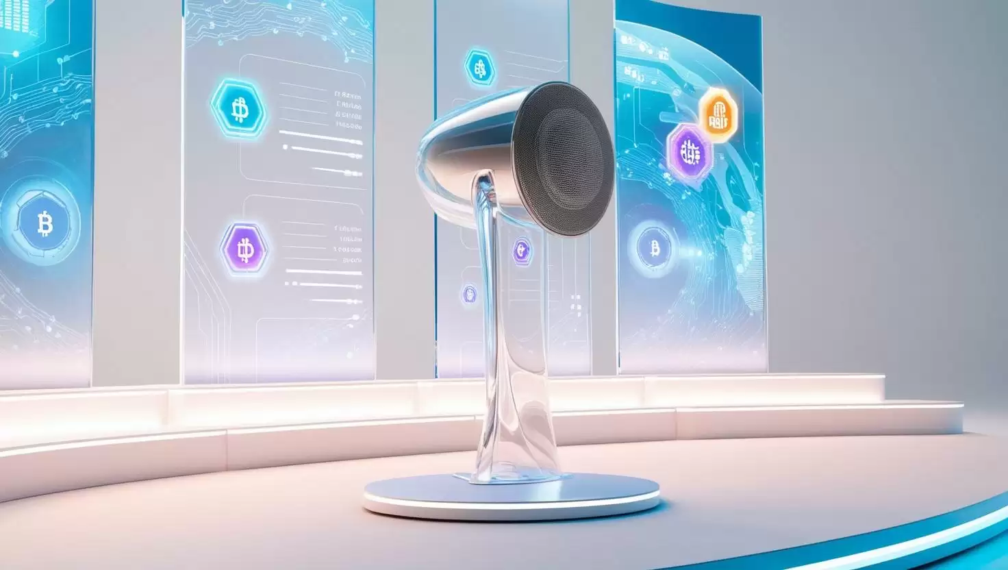 3D speaker at a futuristic conference stage, transparent blockchain layers, tech data visuals, transparency icons in a light style, no more element.webp