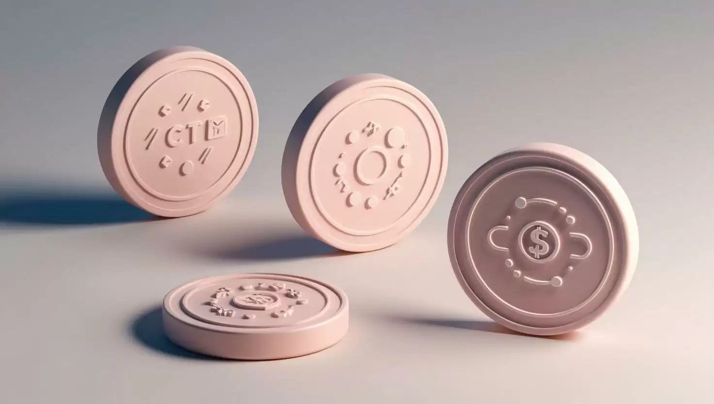 3D social tokens with community engagement and monetization icons in a light style, no more element, no word.webp