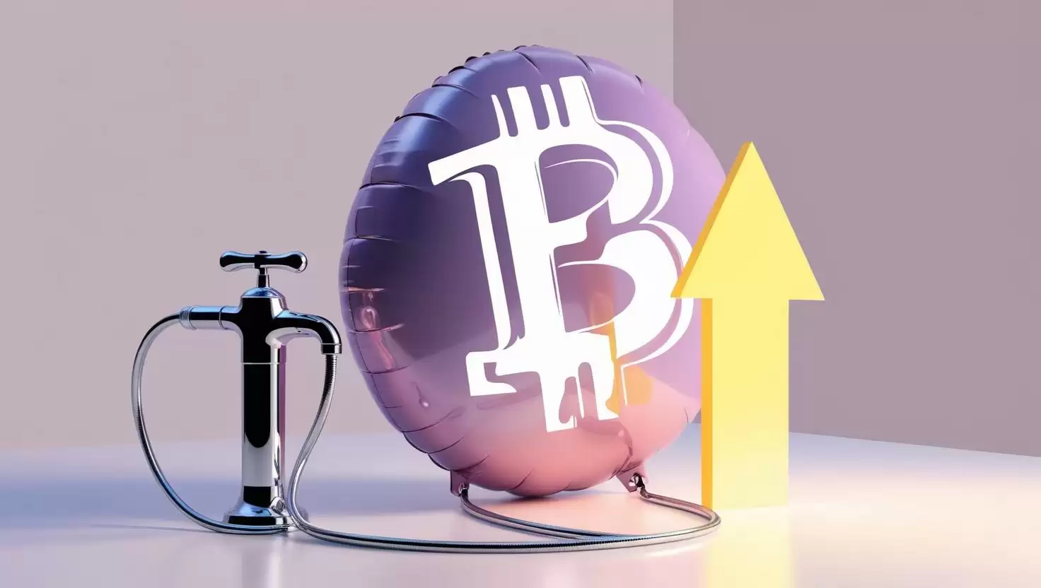 3D pump inflating a Bitcoin balloon, rising arrow. in a light style, no more element.webp