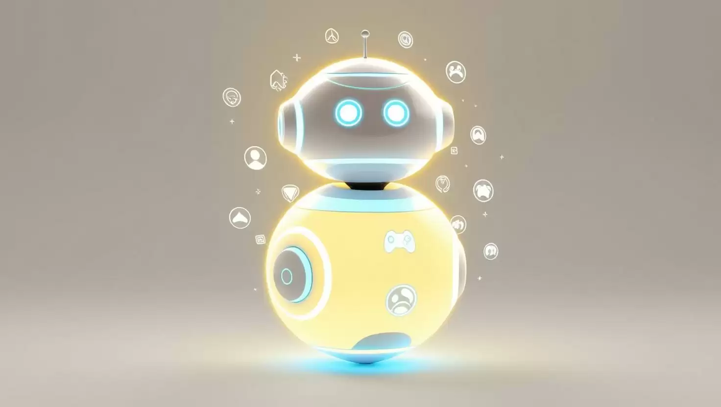 3D Glowing AI bot  with gaming and entertainment icons in a light style, no more element, no word.webp