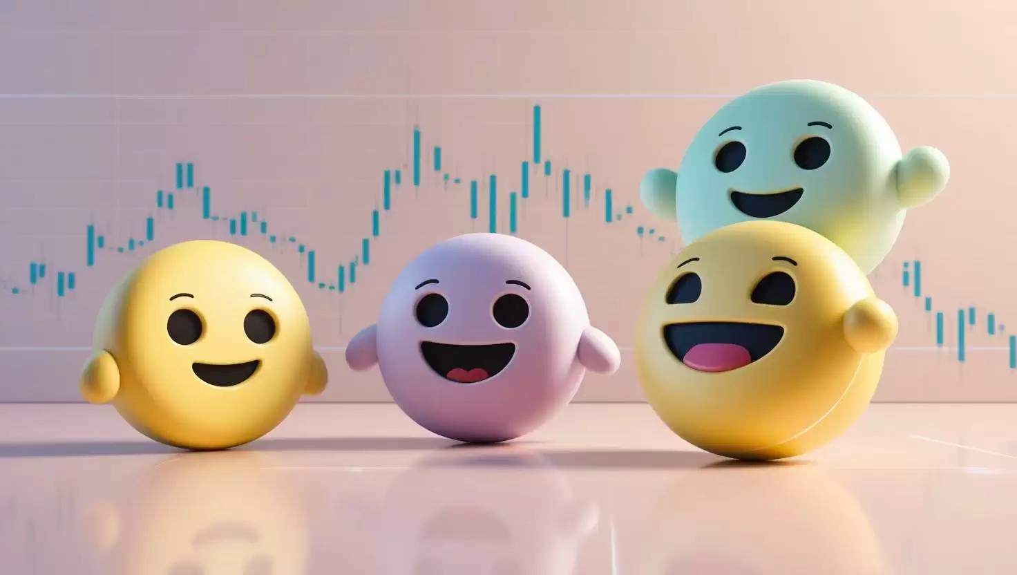 3D visual of FUD, FOMO, and REKT terms represented by emoticons , with fluctuating crypto charts in the background in a light style, no more element, no text.webp
