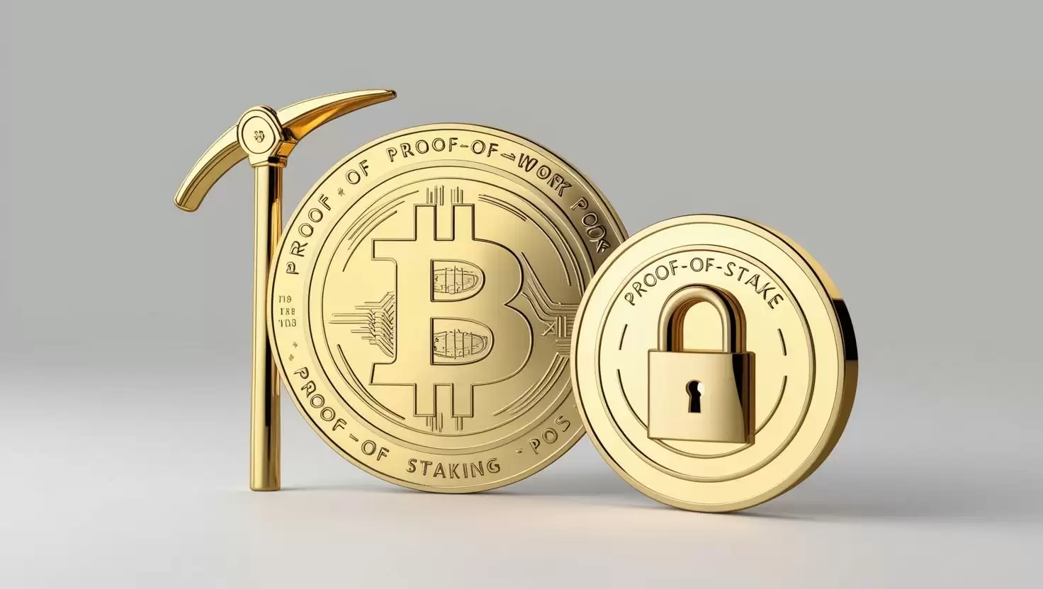 3D Bitcoin with pickaxe (PoW) and staking coin with lock symbol (PoS) in a light style, no more element.webp