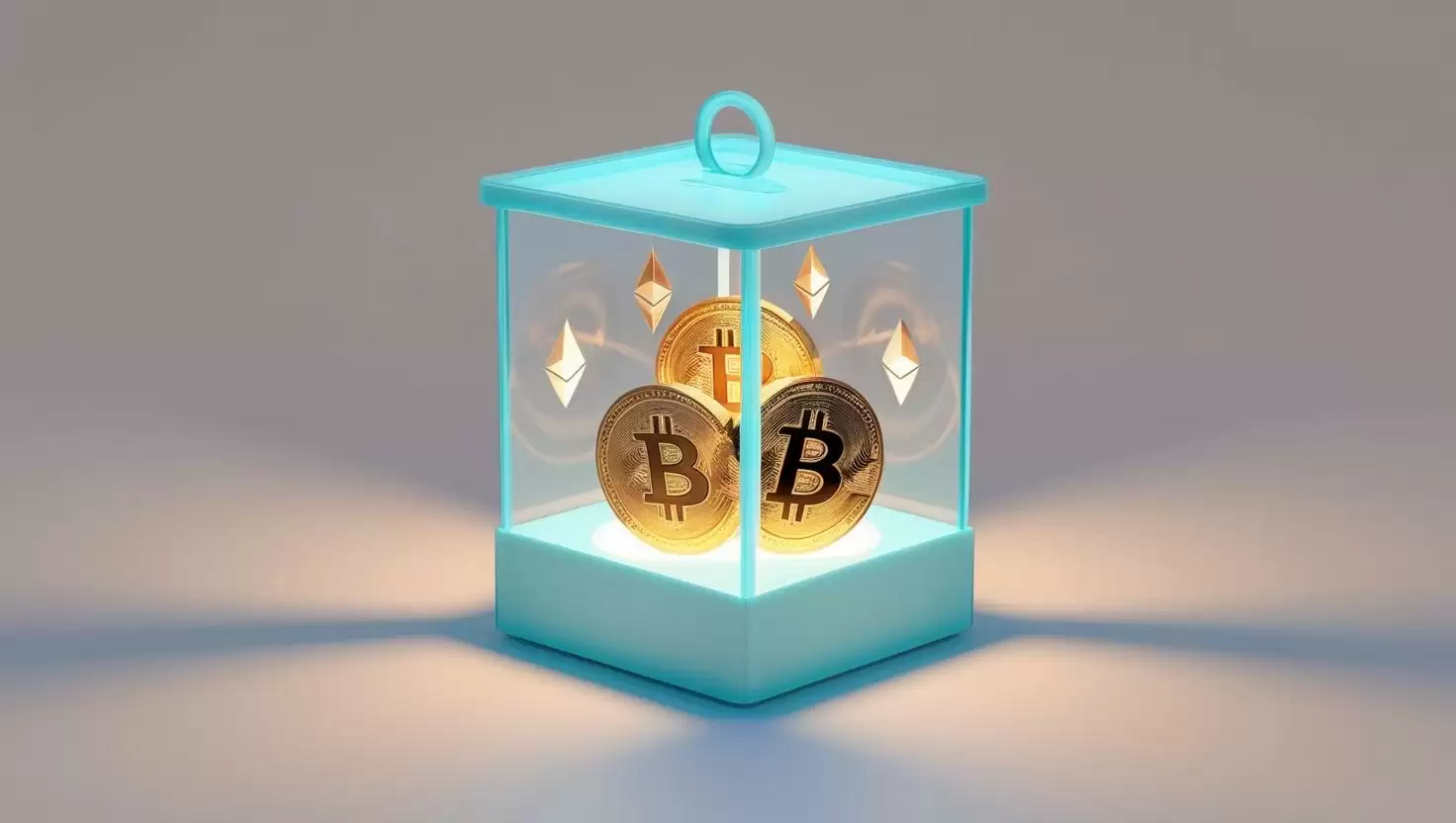 3D render of a charity donation box with glowing cryptocurrency coins (Bitcoin, Ethereum) inside in a light style, no more element, no word (1).webp