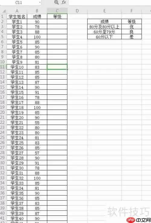 Excel根据学生成绩自动填充等级