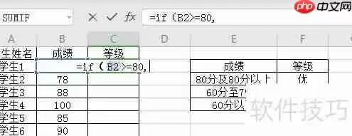 Excel根据学生成绩自动填充等级