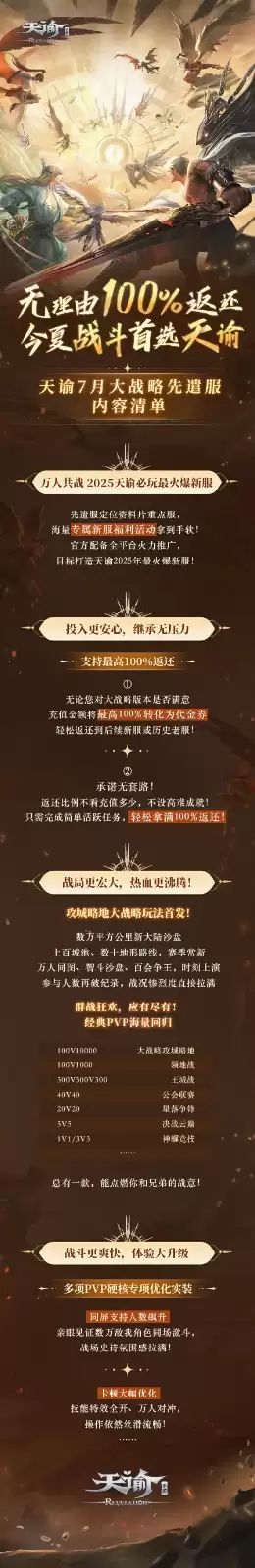 充值无理由100%返还,《天谕》手游大战略先遣服7月热血上线