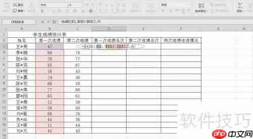 Excel统计学生两次成绩名次进退情况