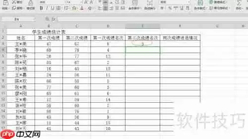 Excel统计学生两次成绩名次进退情况