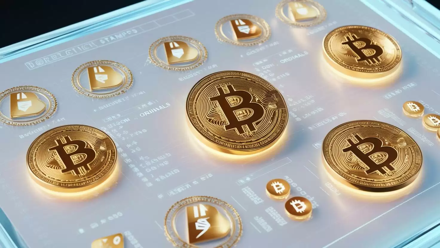 3D Bitcoin STAMPS and Ordinals icons, placed in a digital ledger, with transaction symbols and blockchain markings in a light style, no more element, no text.webp