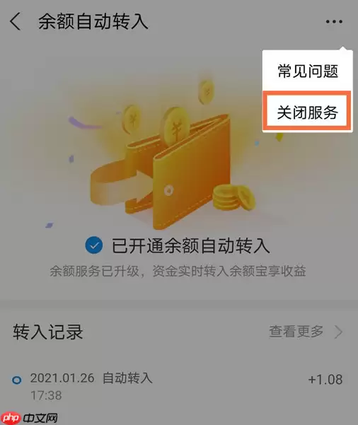 支付宝怎么关掉自动转到余额宝服务