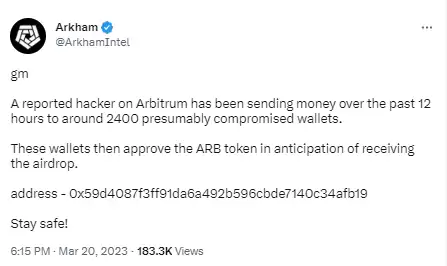 某黑客向2400个私钥泄露地址发送以太坊并授权ARB合约,企图抢先领取ARB空投1