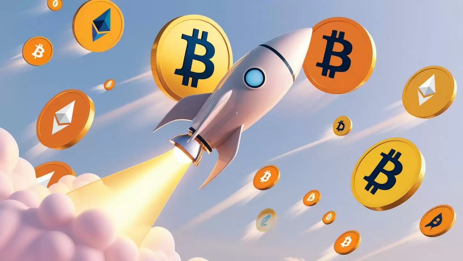 3D men figure standing on a rocket, Bitcoin and altcoins (like Ethereum, Dogecoin) soaring in the background  in a light style, no more element, no word (1).webp