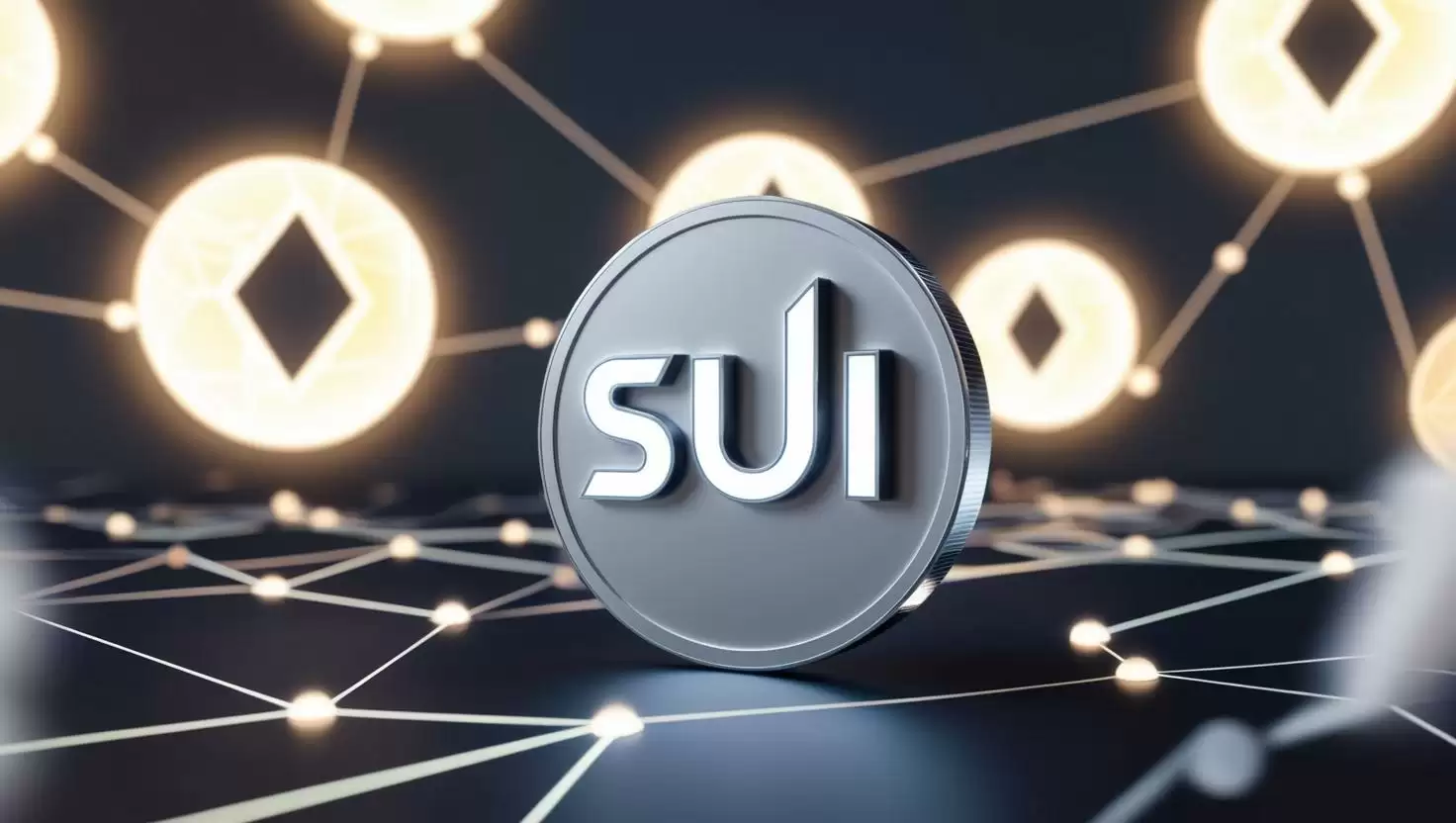 3D Sui ($SUI) token with futuristic logo on a decentralized network background, with crypto assets flying in a light style, no more element, no text.webp