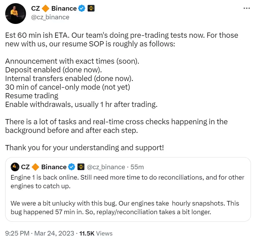 CZ:预计60分钟左右恢复交易-第1张图片-币安下载