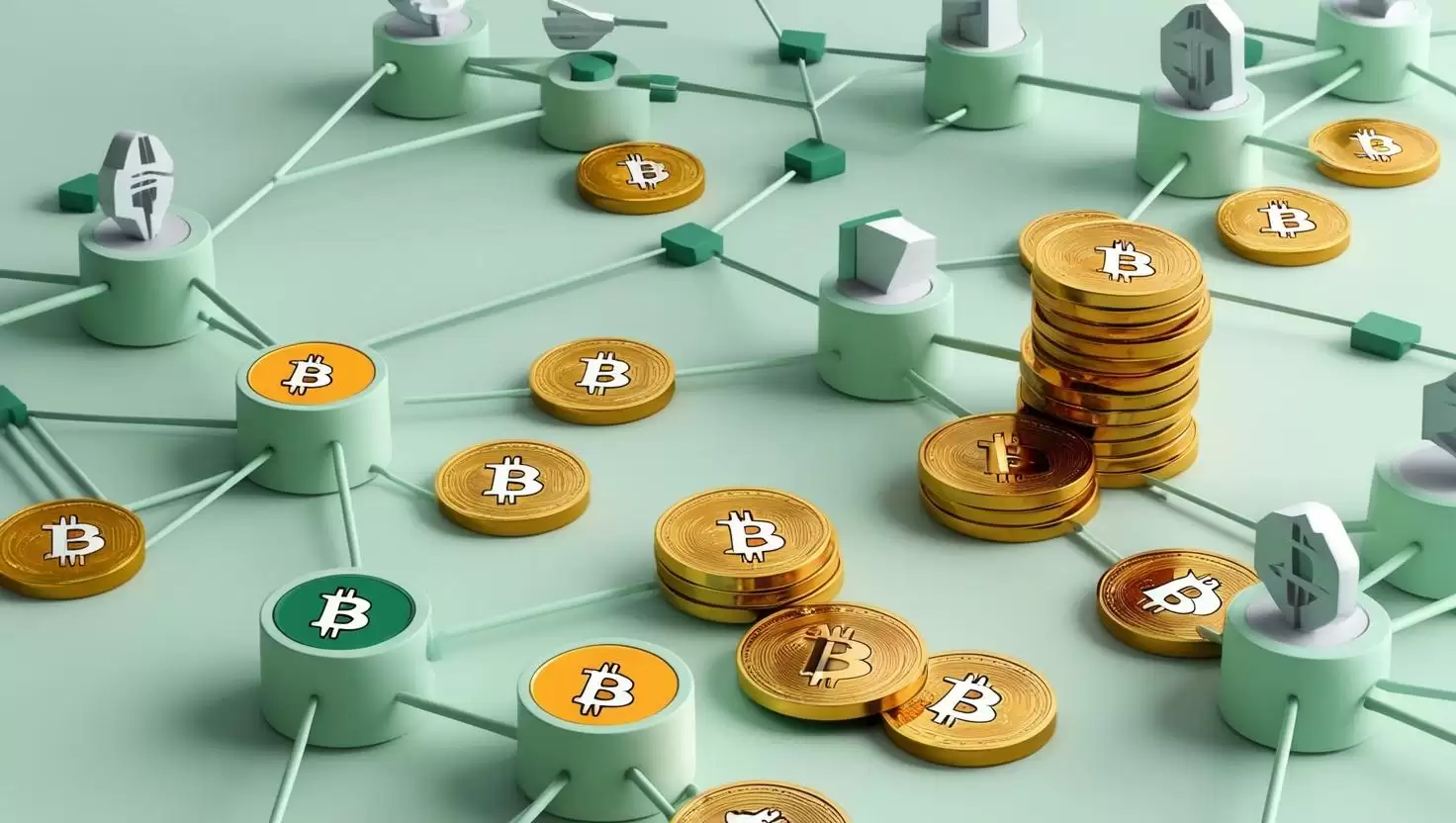 3D blockchain,bitcoin ,different value icons, games, coins in a light green style, no more element, no word (6).webp
