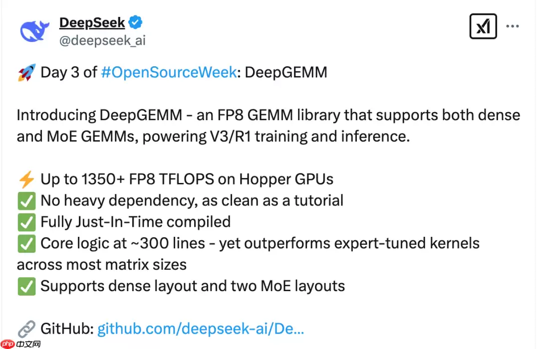 DeepSeek 开源周第三弹:DeepGEMM —— 高效的 FP8 GEMM 库,核心代码仅 300 行!