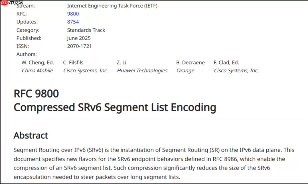 新一代互联网基础协议（SRv6）核心标准 RFC9800 发布，中国移动牵头制定