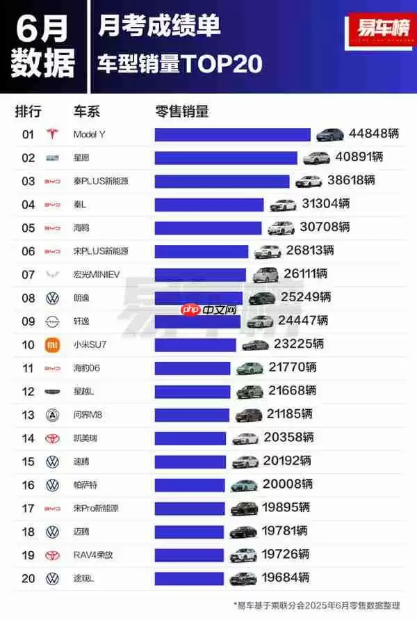 2025年6月中国车型销量TOP20：小米SU7暂列第十