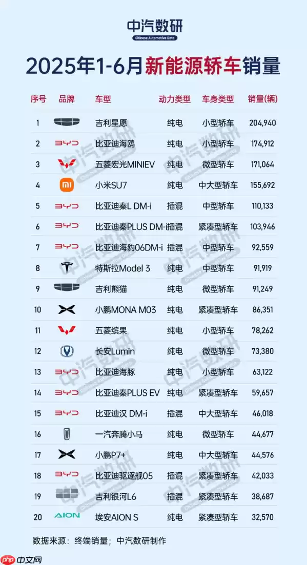 上半年新能源轿车及SUV销量榜出炉：吉利、特斯拉夺冠