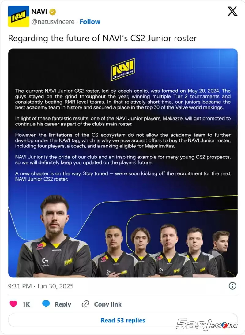 NAVI提拔makazze进入主队 CS阵容调整 青训新星 2025赛季 NAVI Junior解散