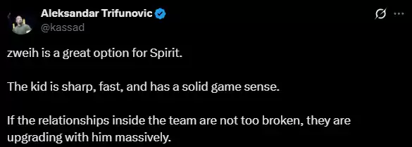 重磅转会！Spirit锁定Nemiga新星zweih 分析师kassad盛赞：思维敏捷、反应极快