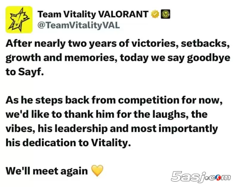 《VCT EMEA》重磅官宣:Sayf暂别赛场离队Vitality 《VCT EMEA》重磅官宣:Sayf暂别赛场离队Vitality