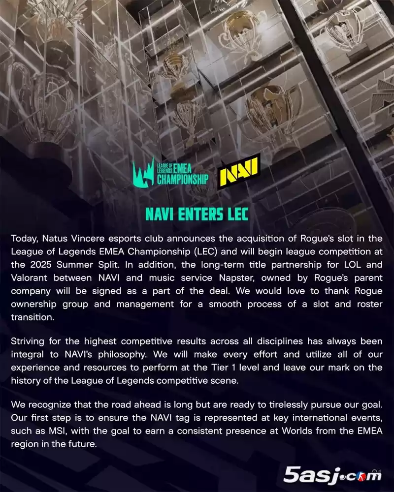 NAVI正式收购RGE进军LEC联赛 与Napster达成长期冠名合作