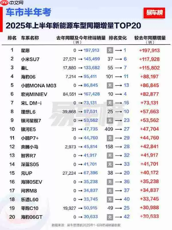 2025上半年新能源车型销量TOP20：Model Y丢掉冠军！