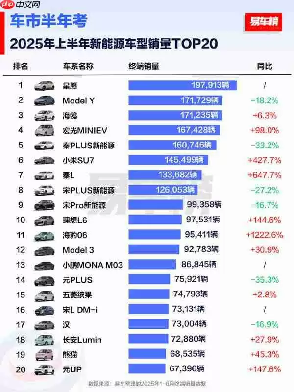 2025上半年新能源车型销量TOP20：Model Y丢掉冠军！