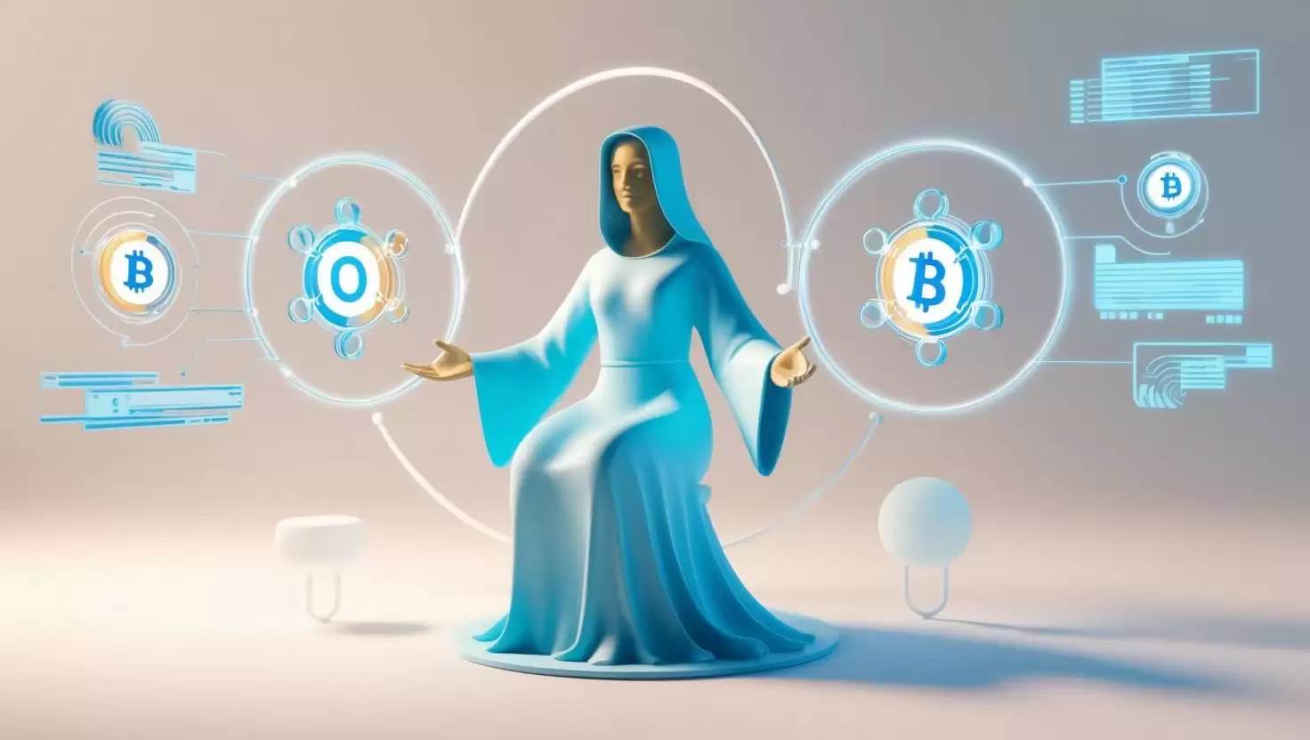 3D oracle bridging blockchain and real-world data in a light style, no more element, no word.webp